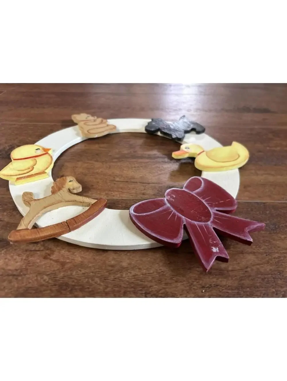 Vintage Wooden Holiday Wreath with Animal Decorations